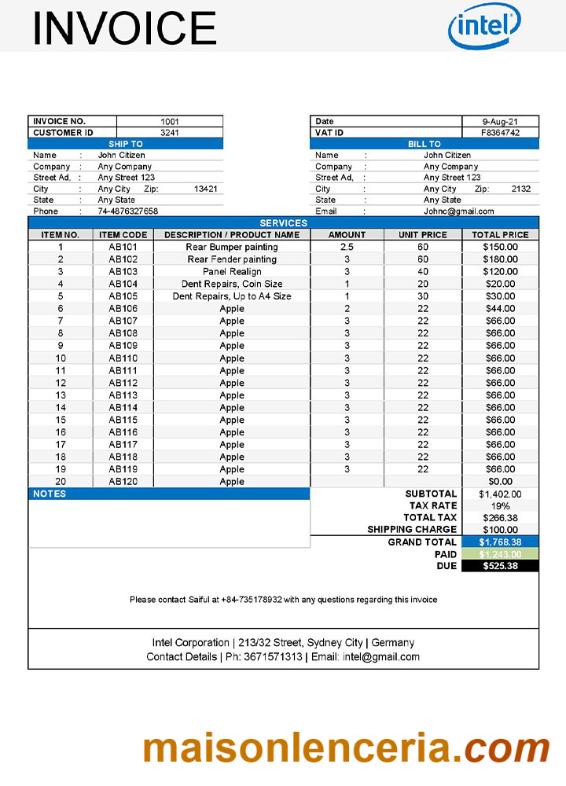 USA Intel invoice template
